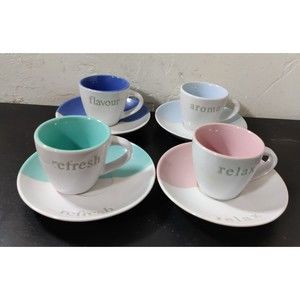 Create By Just Mugs Set Of 4 Cups & Saucers Espresso Coffee /Tea Relax Refresh